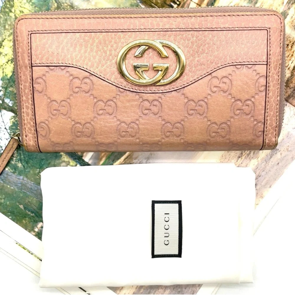 Auth GUCCI GG Guccissima Pink Leather Long Wallet W/GG Gold Accents & dust bag